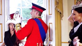 Two sexy sluts are getting fucked in the royal palace by a horny guard