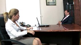 Hot blonde is getting penetrated deeply in her office