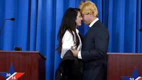 A sexy brunette is taking care of the horny pussy grabber