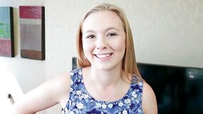 Smiling babe with a large ass is handling a cock