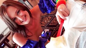 Hot teen takes off her costume in order to reveal her shaved pussy