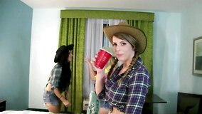 Three good friends are having a party with some men on the bed